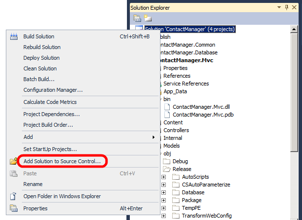 In the Solution Explorer window, right-click the solution, and then click Add Solution to Source Control.