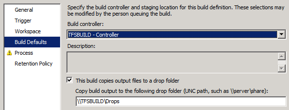 On the Build Defaults tab, in the Copy build output to the following drop folder box, type the Universal Naming Convention (U N C) path of your drop folder (for example, \TFSBUILD\Drops).