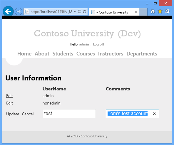 Screenshot showing the UserInfo page displaying the UserName test and the Comment Tom's test account.