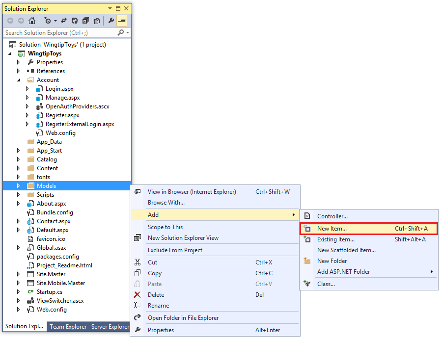 Screenshot of the Solution Explorer window with the Models folder highlighted and the dropdown menus Add and New Item selected.