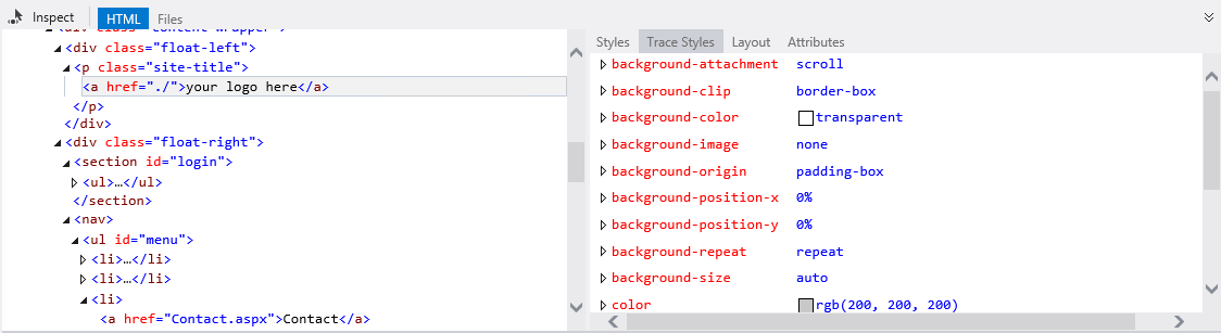CSS styles tracing of the selected element