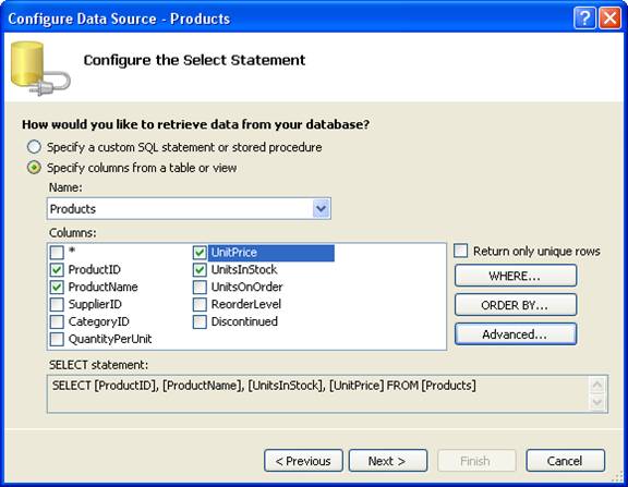 A screenshot of the configure data source products screen.