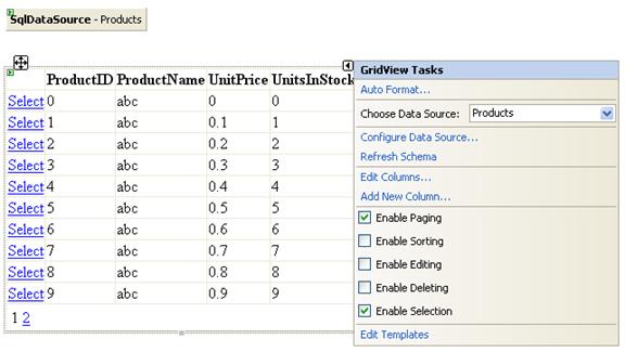 A screenshot of the GridView Tasks menu.