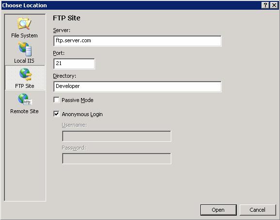 The Choose Location Dialog for FTP