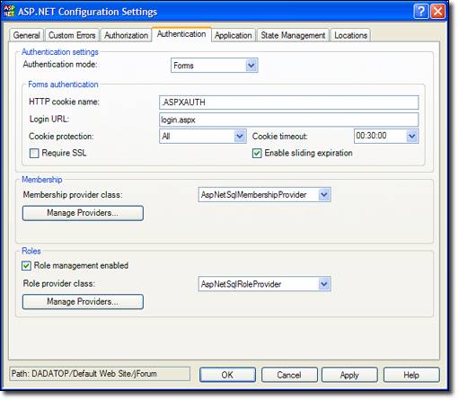 Screenshot that shows an Authentication tab on the A S P dot N E T Configurations dialog.