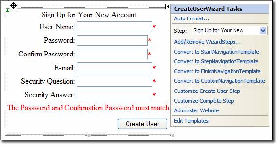 Screenshot that shows a Create User Wizard Tasks dialog with a drop down menu to Sign Up for Your New Account.