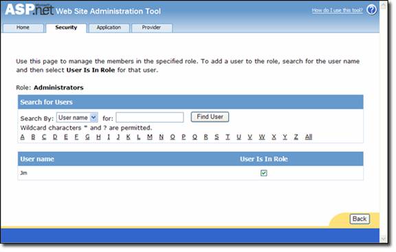 Screenshot that shows an A S P dot N E T Web Site Administration Tool with the Find User button.
