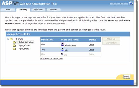 Screenshot that shows the A S P dot N E T Web Site Administration tool with items selected under Users and Roles.