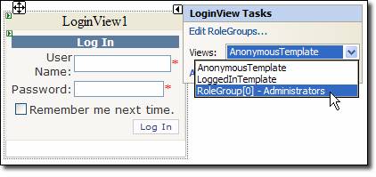 Screenshot that shows the Login View control within the Login View Tasks dialog with a drop down and Role Group selected.