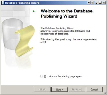 Screenshot of the Database Publishing Wizard window, which shows the splash screen and the Next button to advance the wizard.