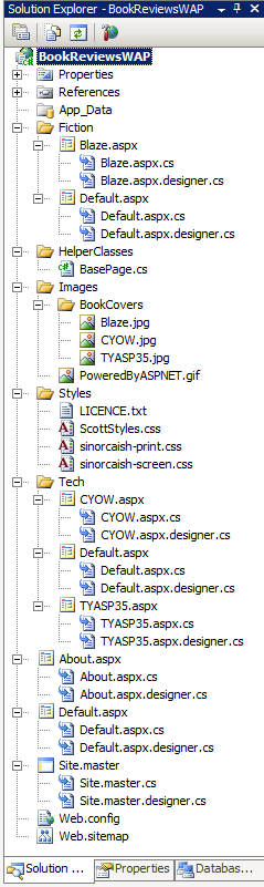 The Solution Explorer lists the files that comprise the Web Application Project