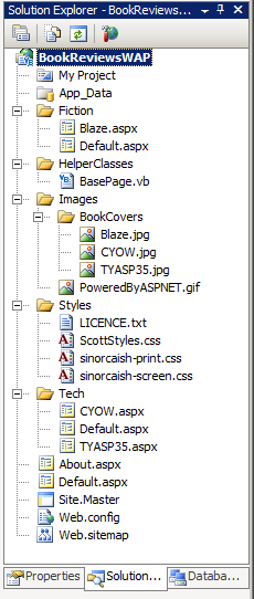 The Solution Explorer lists the files that comprise the Web Application Project.