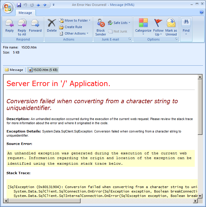 Screenshot of the email notification received by the Developer when there is an unhandled exception.