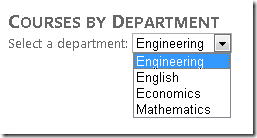Screenshot of the Internet Explorer browser window, which shows the Courses by Department view with a dropdown menu for departments.