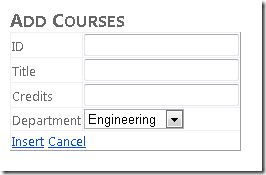 Screenshot of the Internet Explorer window, which shows the Add Courses view with ID, Title, and Credits text fields and a Department dropdown.