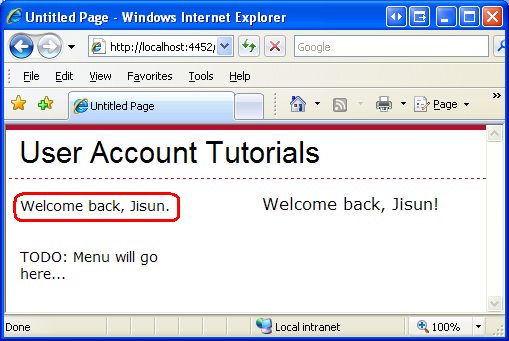 The LoginView Control Displays Welcome back, Jisun.