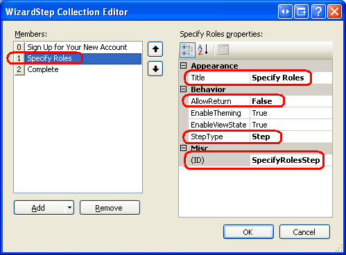 Screenshot that shows the selected Specify Roles properties in the Wizard Step Collection Editor window.