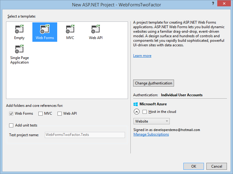 Screenshot of the New A S P dot Net Project dialog box showing the Web Forms icon highlighted in blue.