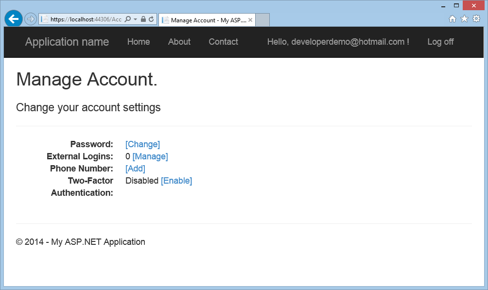 Screenshot of the Manage Account browser window showing the list of account settings and option links to change them.