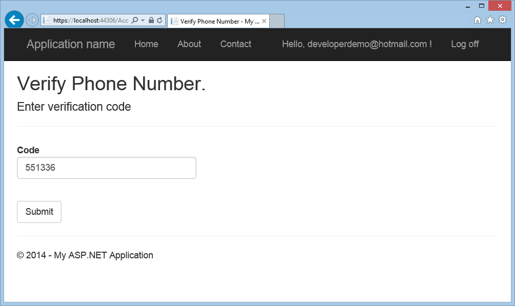 Screenshot of the Verify Phone Number browser window showing the Code field with the entered verification code and the Submit button.