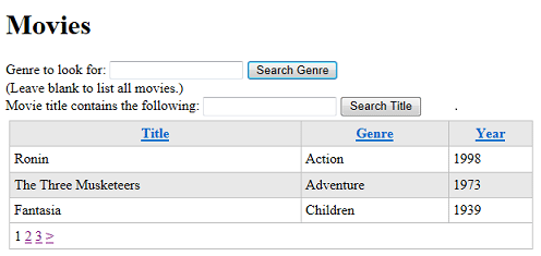Movies page with Genre and Title search