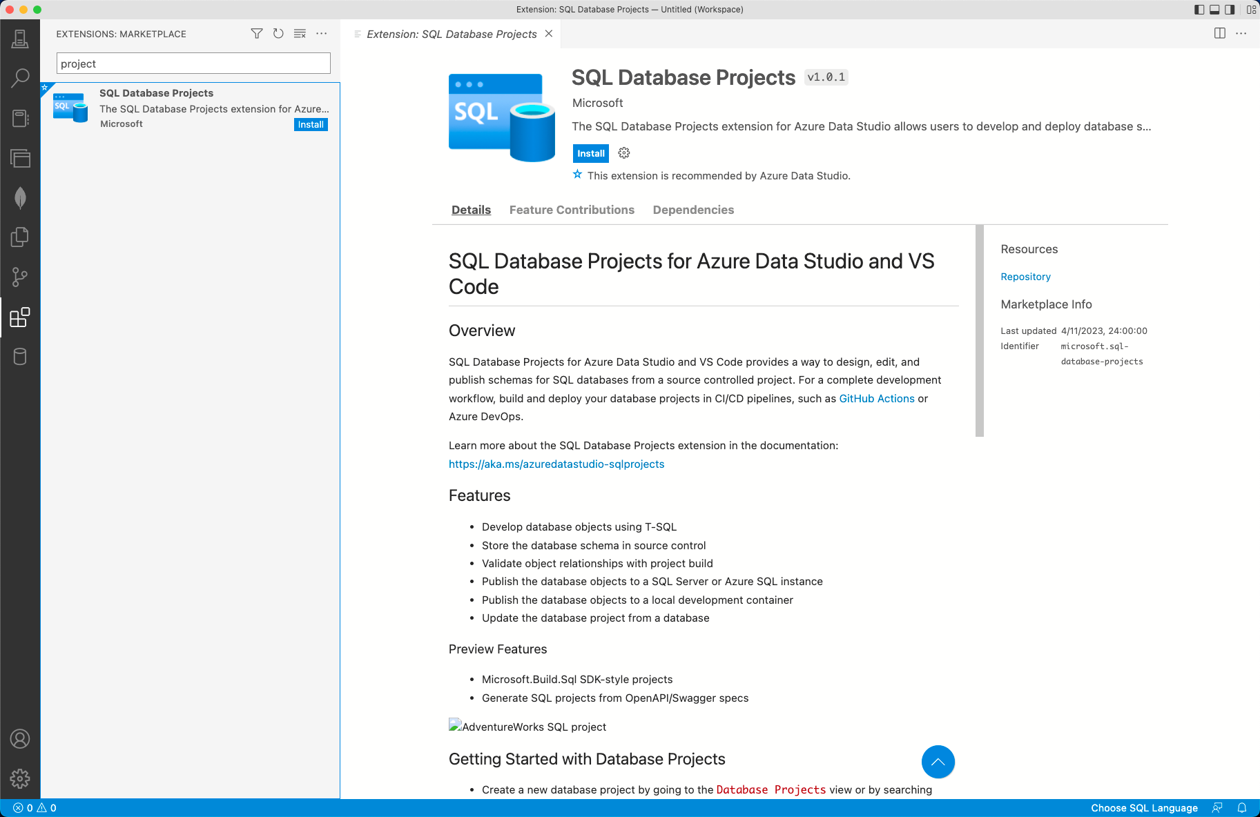 Captura de pantalla de Azure Data Studio, Instalar extensión.