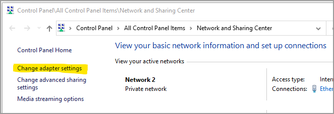 Captura de pantalla del Centro de uso compartido de redes.