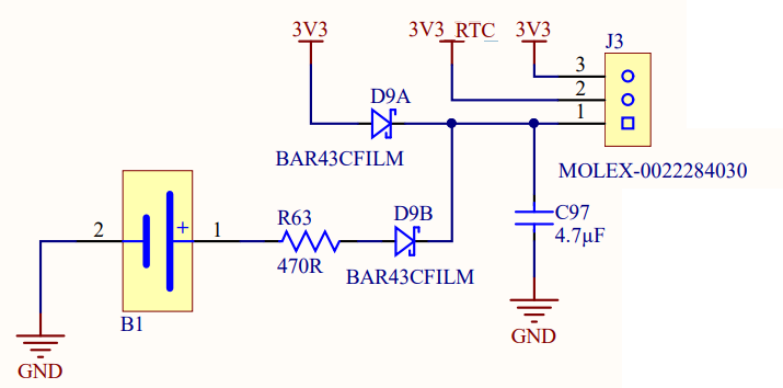Circuito de batería RTC recomendado por MediaTek de la Guía de diseño de hardware MT3620 