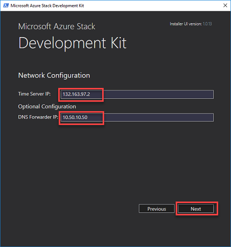 Página de configuración de red del ASDK