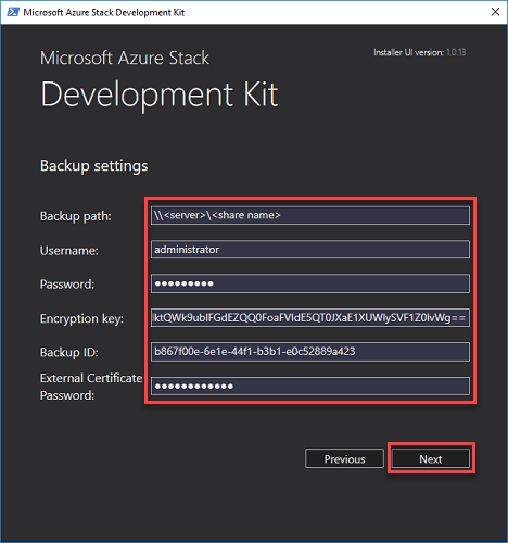 Página de configuración de copia de seguridad del ASDK