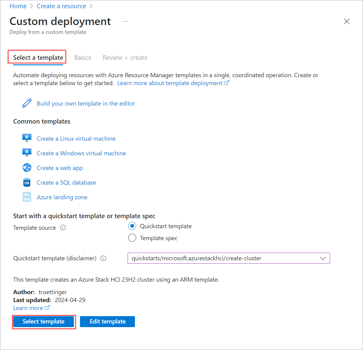Captura de pantalla que muestra la plantilla seleccionada.