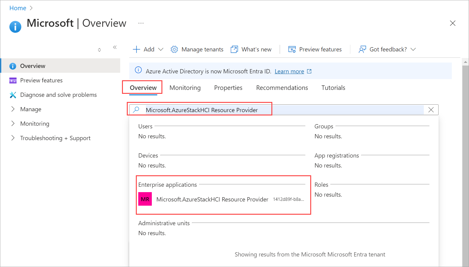 Captura de pantalla que muestra la búsqueda de la entidad de servicio del proveedor de recursos local de Azure.