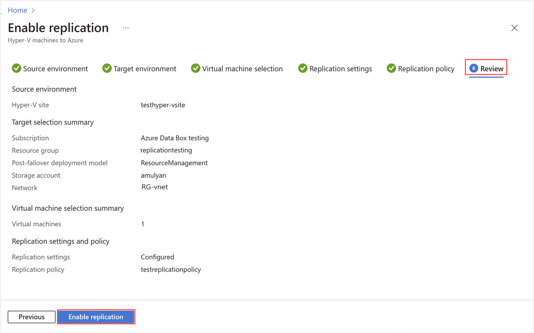 Captura de pantalla de la pestaña Revisar en Azure Portal para el recurso de clúster de Azure Stack HCI.