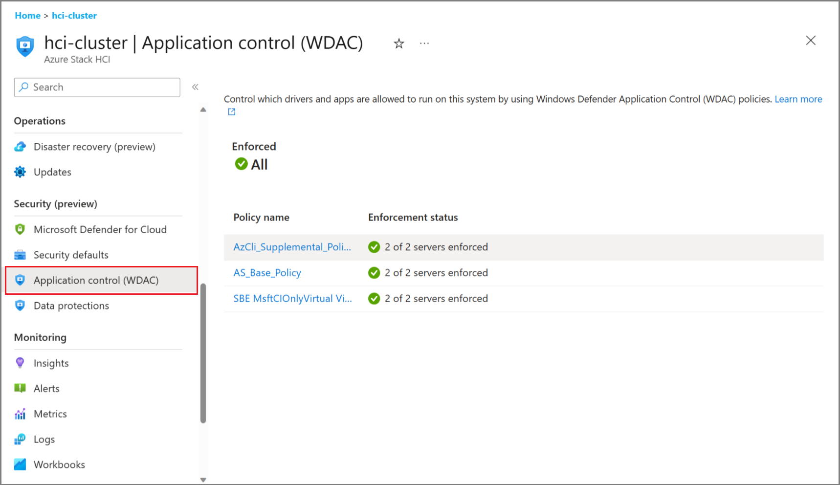 Captura de pantalla que muestra la página Control de aplicación (WDAC) en Azure Portal.