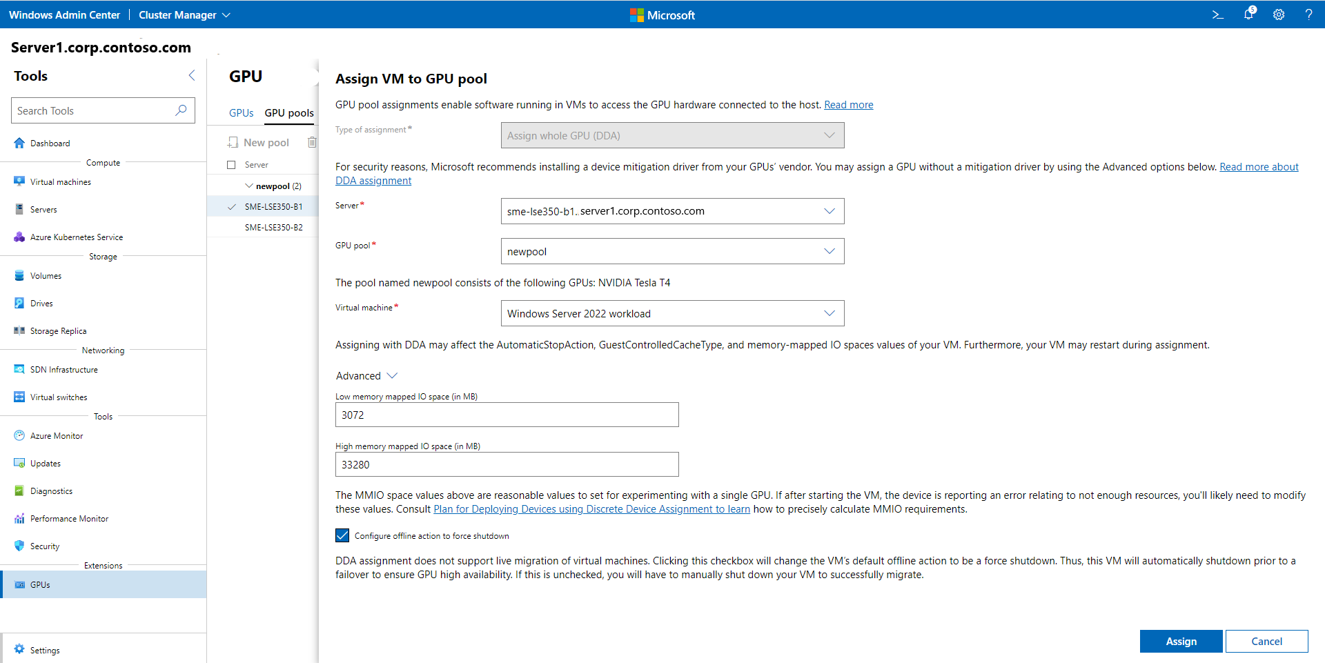 Captura de pantalla de la página de asignación de máquinas virtuales a un grupo de GPU en Windows Admin Center, donde se asigna una máquina virtual a una GPU de un grupo de GPU