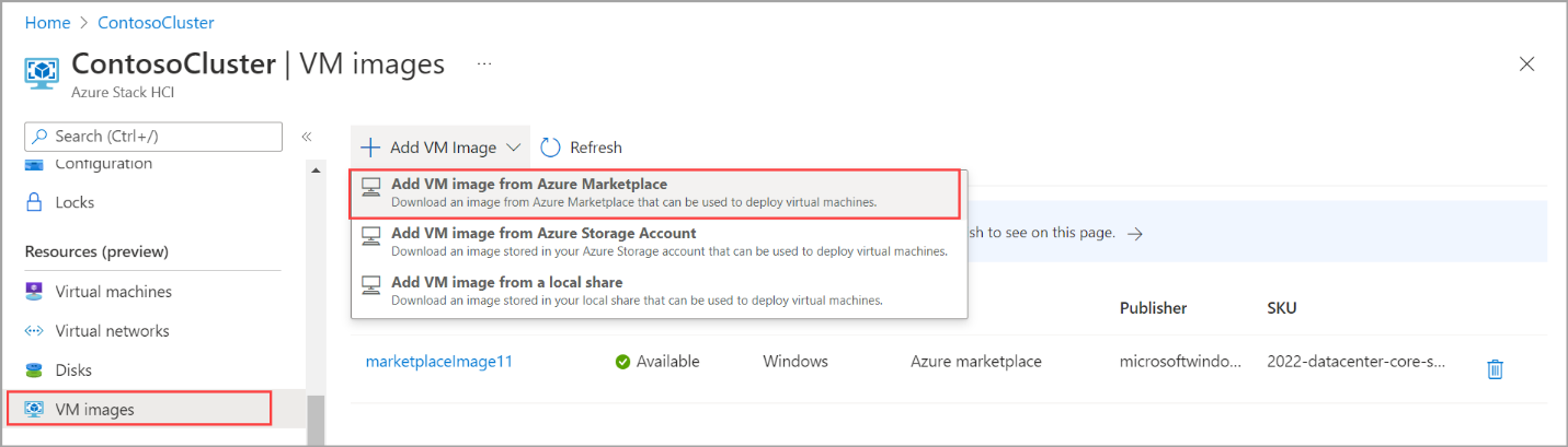 Captura de pantalla que muestra la opción Agregar imagen de máquina virtual desde Azure Marketplace.
