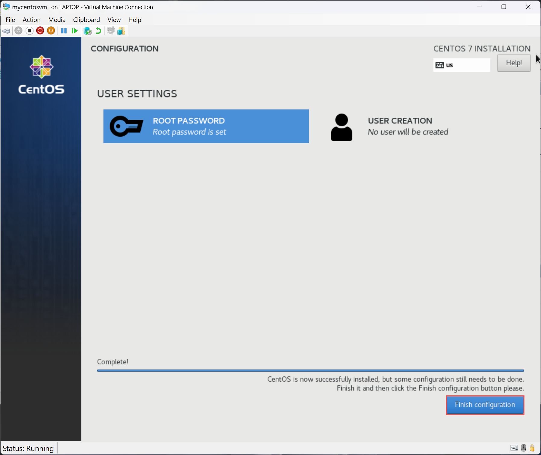Captura de pantalla que muestra la selección de Finalizar configuración durante la instalación de CentOS.