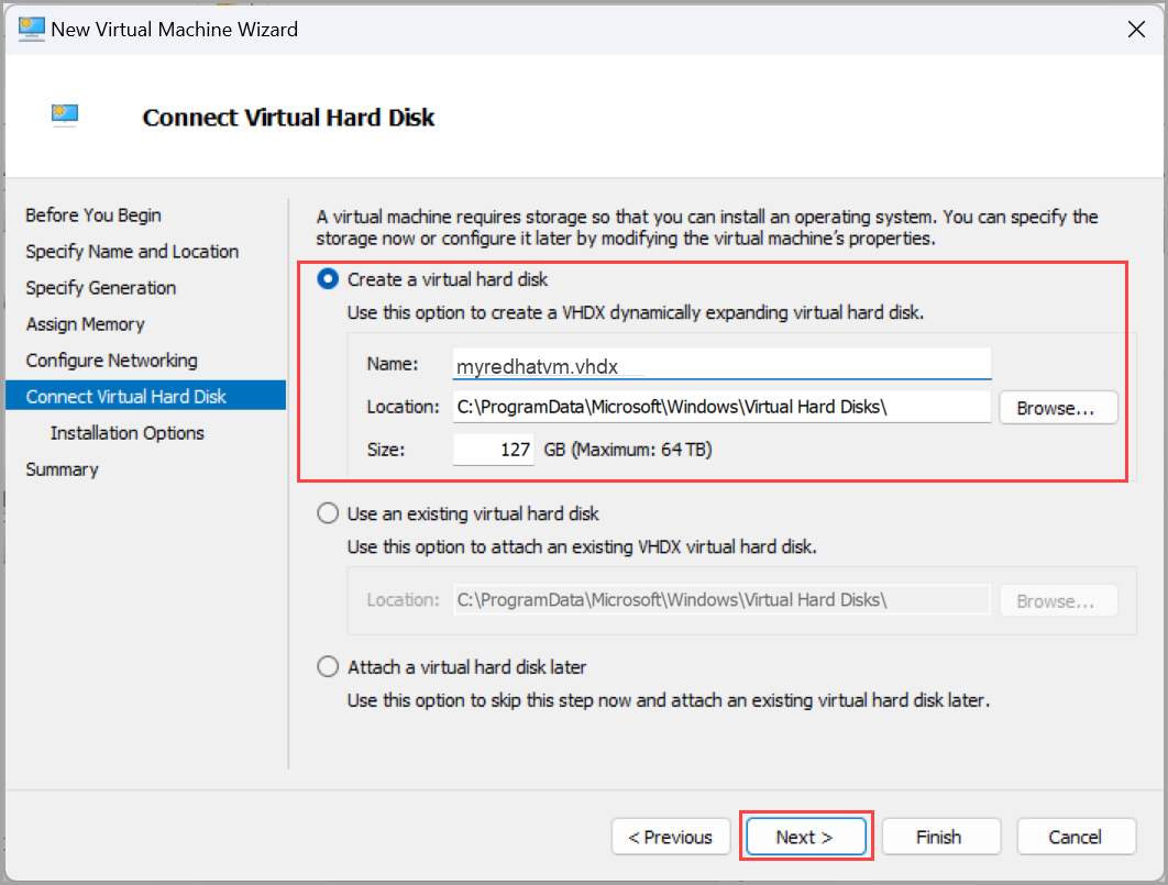 Captura de pantalla que muestra el Asistente para nueva máquina virtual en la página Disco duro virtual.