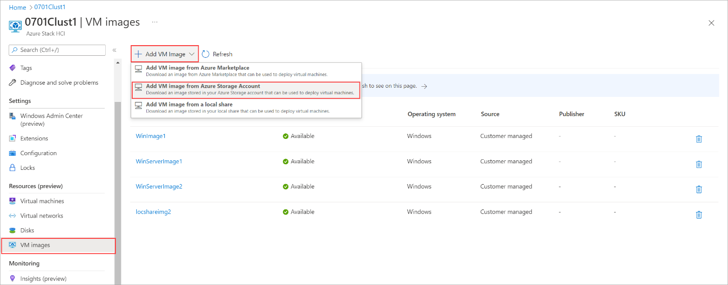 Captura de pantalla que muestra la opción Agregar imagen de máquina virtual desde Azure Marketplace.