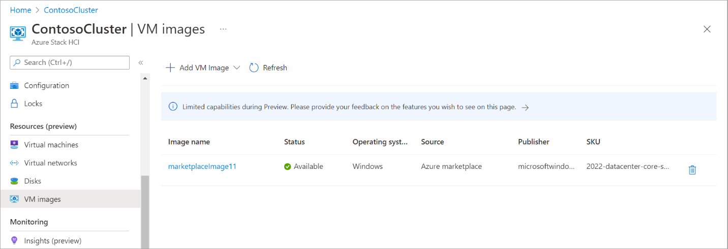Captura de pantalla que muestra la imagen de máquina virtual recién agregada en la lista de imágenes.