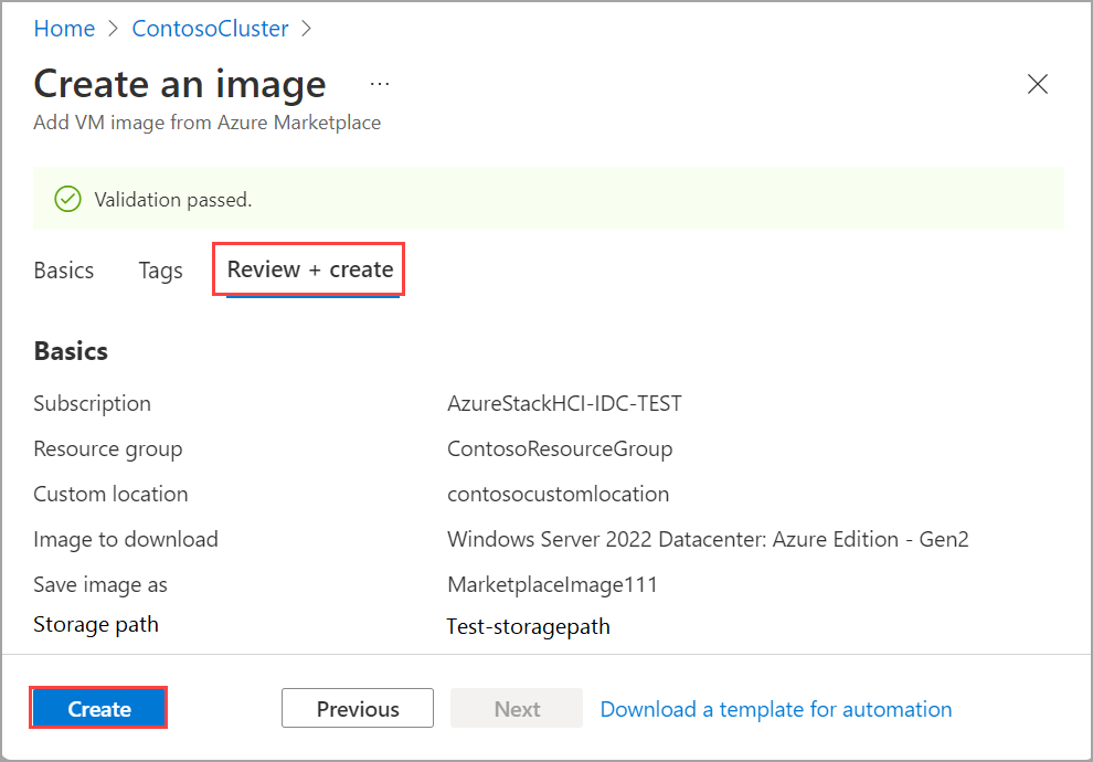Captura de pantalla de la página Crear una imagen que resalta el botón Crear.