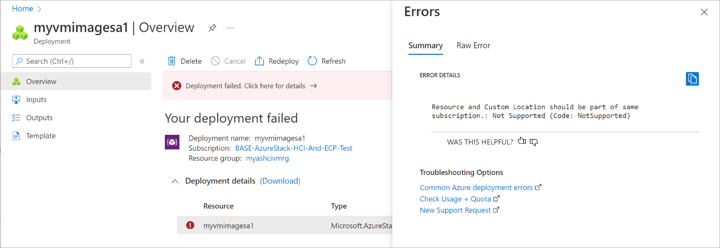 Captura de pantalla que muestra un error cuando se produce un error en la descarga de la imagen de máquina virtual.