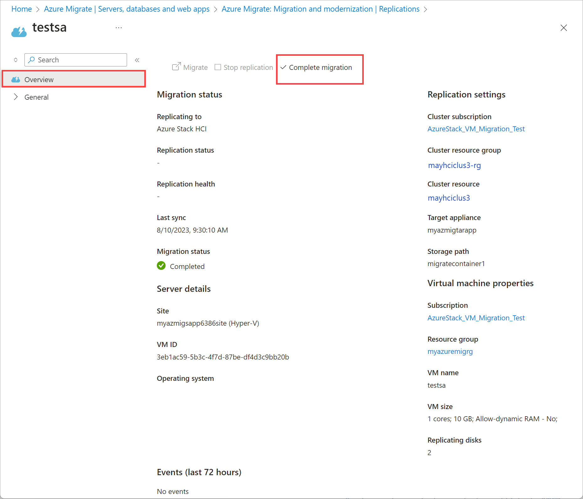 Captura de pantalla de la vista Replicaciones con una máquina virtual seleccionada en Azure Portal.