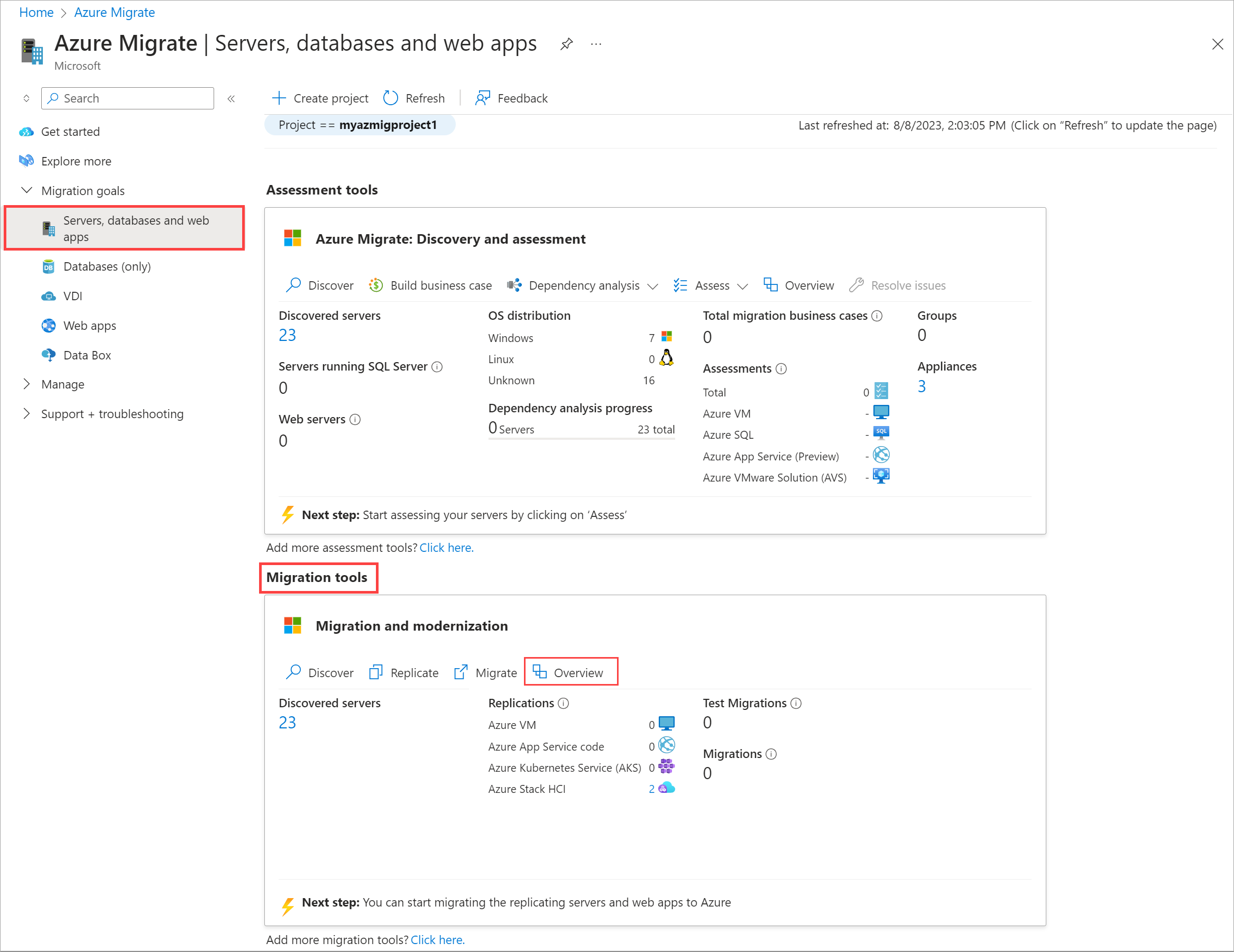 Captura de pantalla de Azure Migrate project > Server, bases de datos y aplicaciones web en Azure Portal.