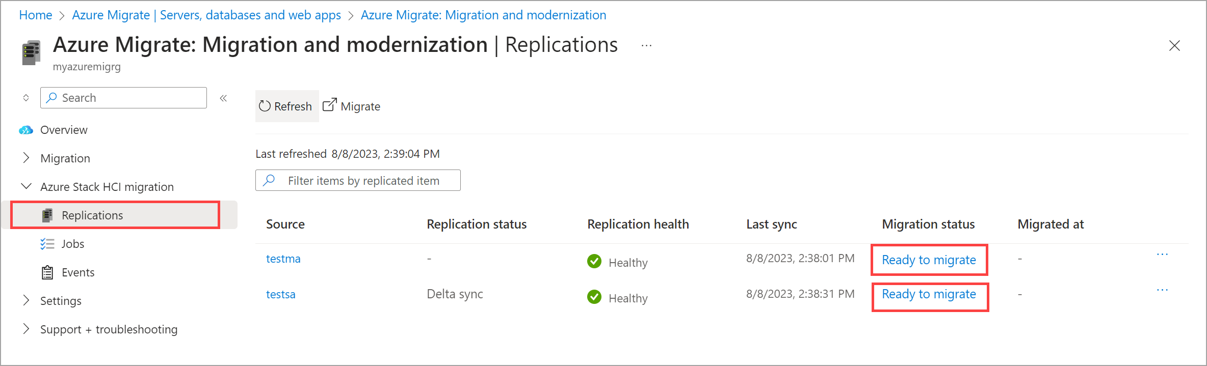 Captura de pantalla de Azure Migrate: Replicaciones de migración y modernización > en Azure Portal con el estado de migración Listo para migrar.