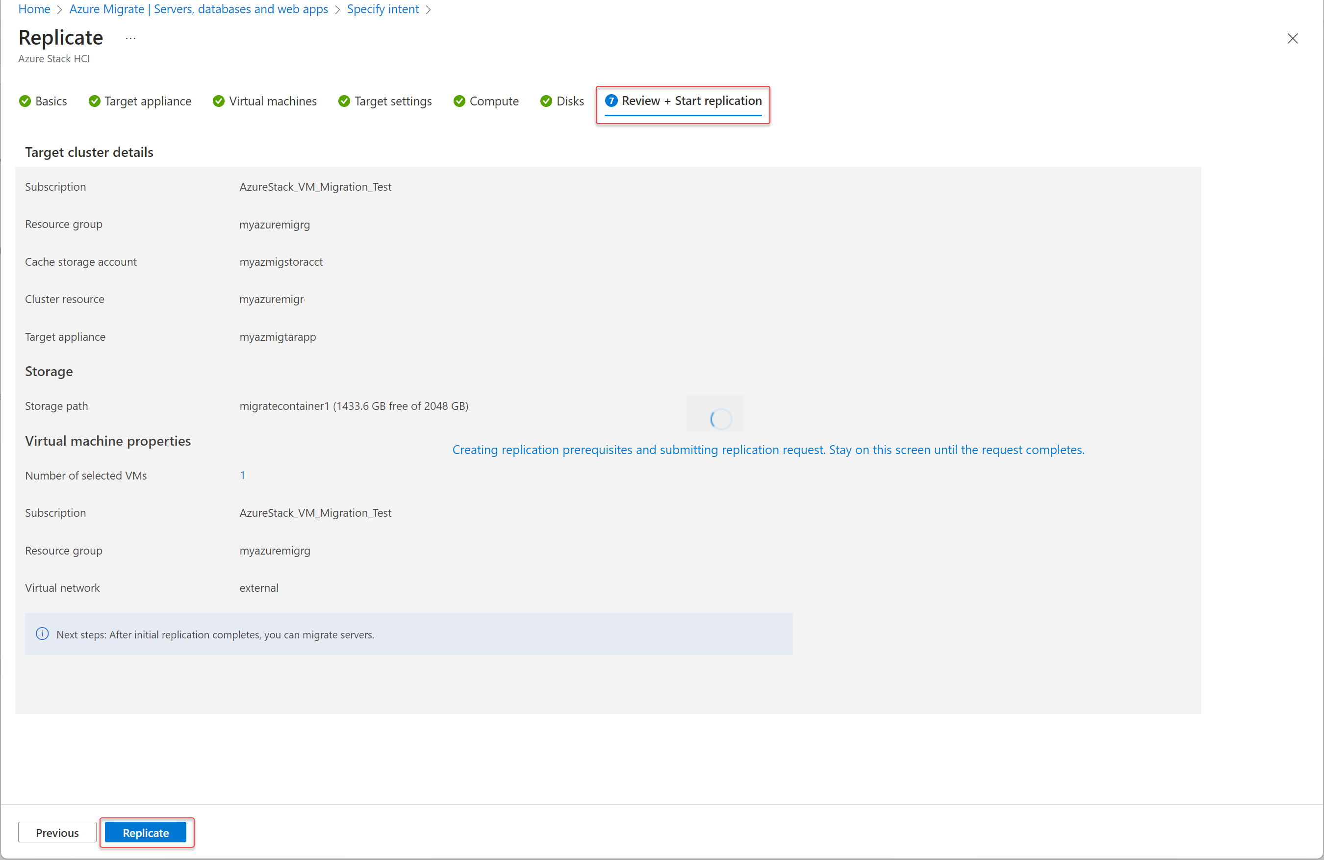 Captura de pantalla que muestra la advertencia en la pestaña Revisar e iniciar la replicación.