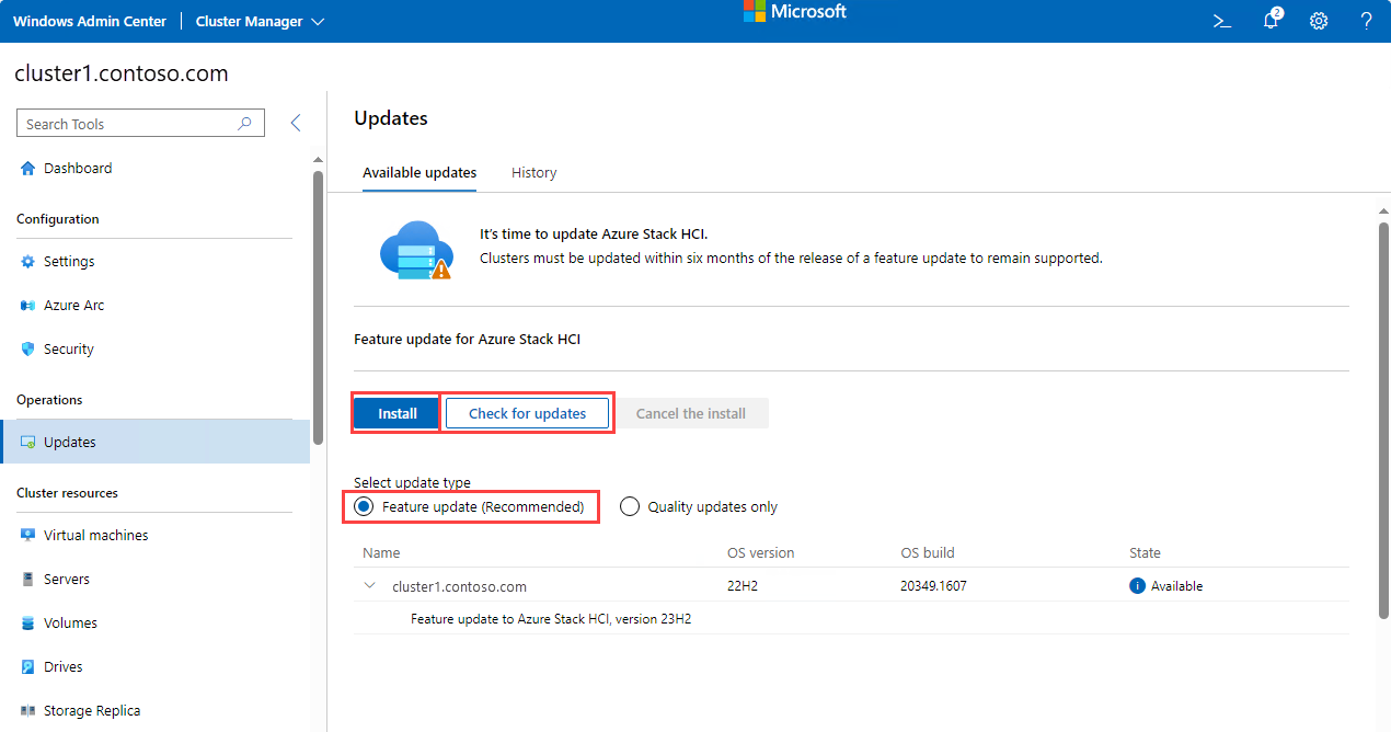 Captura de pantalla de la página Actualizaciones de Windows Admin Center en la que se muestran las actualizaciones disponibles.