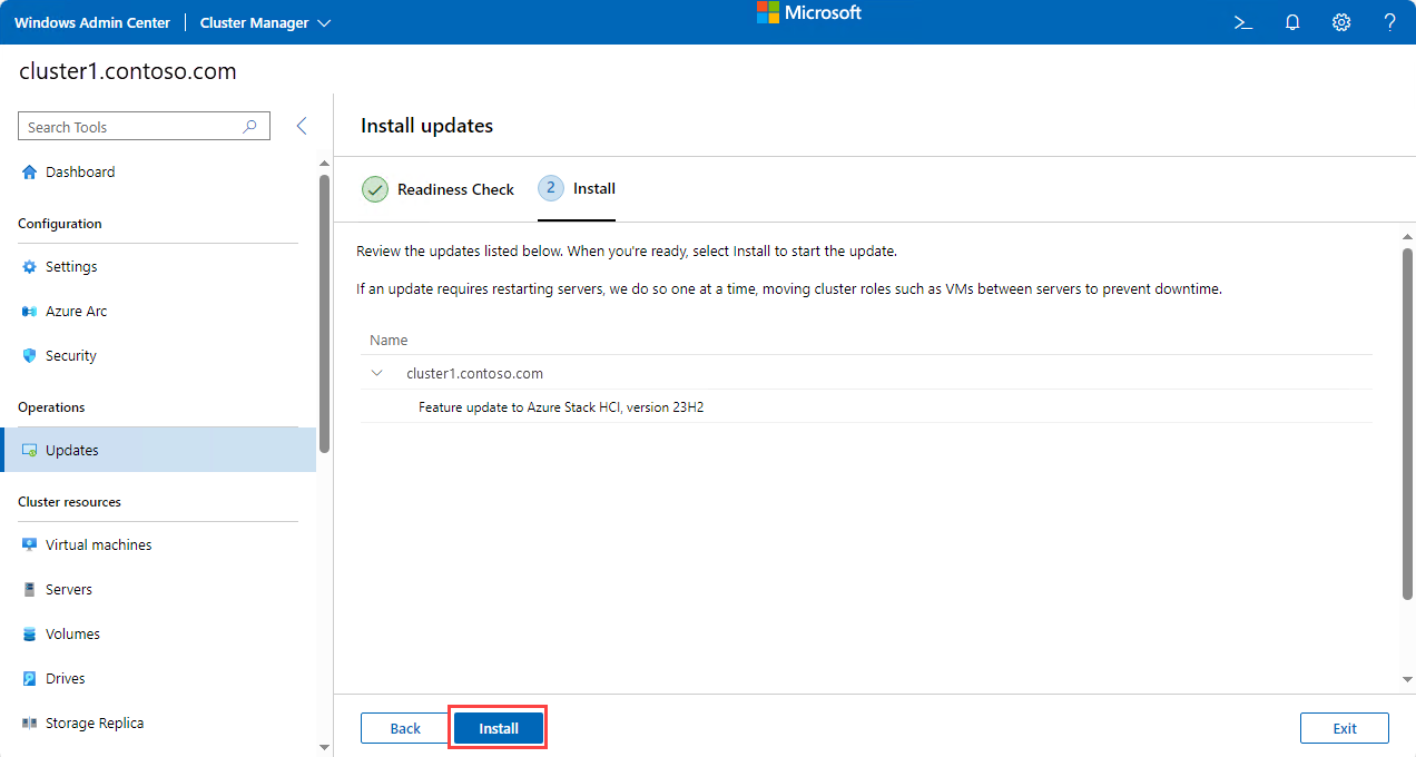 Captura de pantalla de la selección de Instalar para instalar actualizaciones del sistema operativo en cada servidor del clúster.