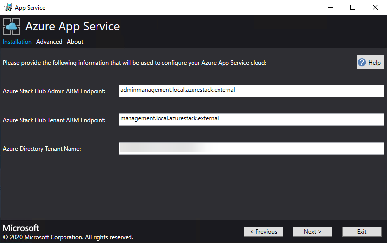 Configuración de la nube de Azure App Service en el instalador de Azure App Service