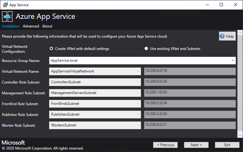 Información de red virtual y subred en el instalador de Azure App Service
